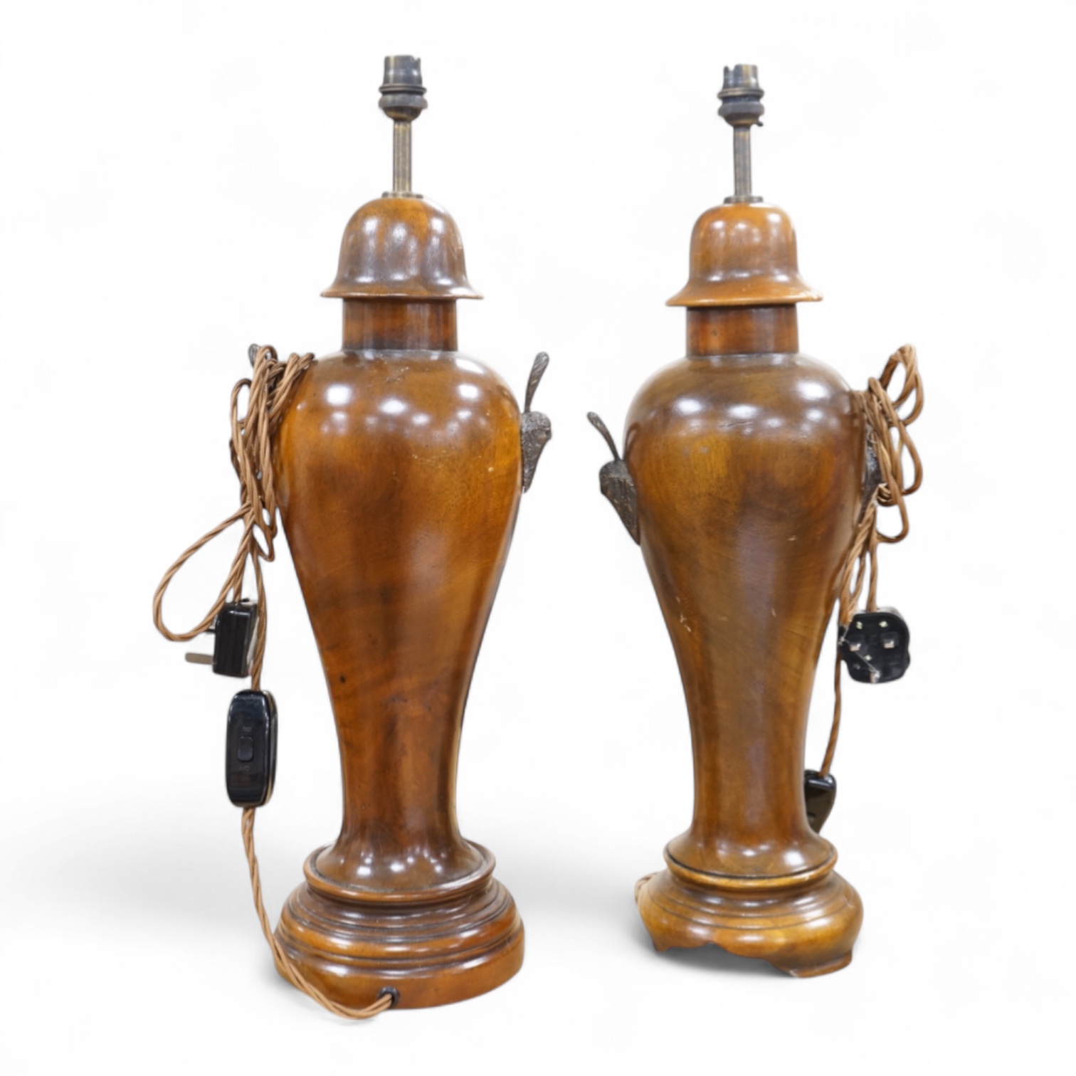 A pair of turned mahogany lamp bases - without shades H 60cm x W 18